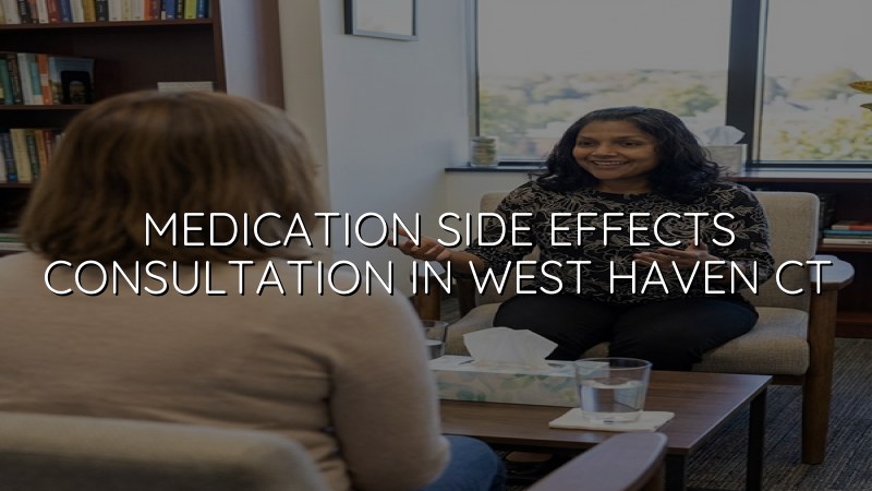 Adults discussing medication side effects during a psychiatric consultation